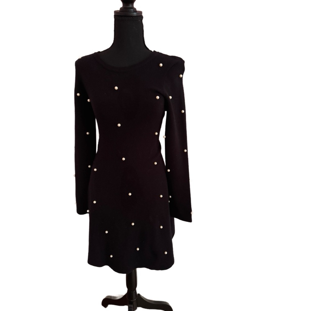 Zara Black Long Sleeve Dress with Pearl Details